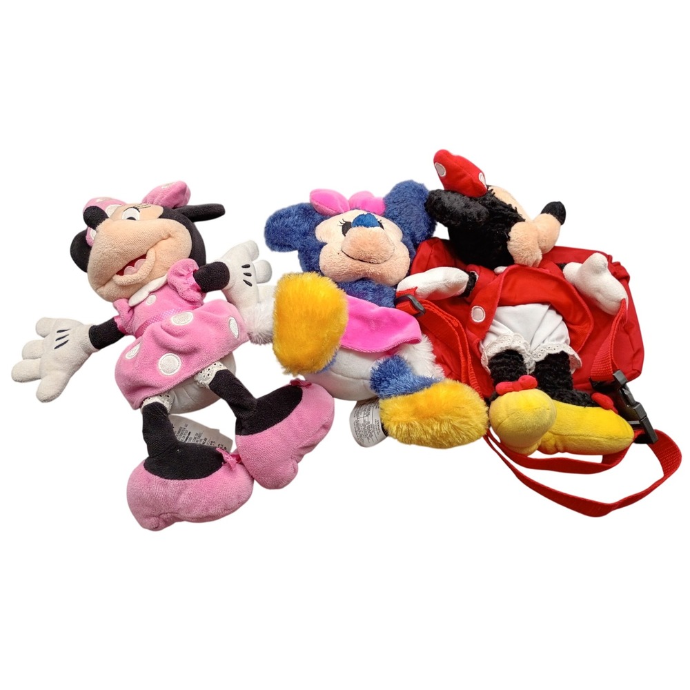 Disney Minnie Mouse Plush Lot Backpack Pink Polka Dot Blue Fuzzy 3 Piece Set